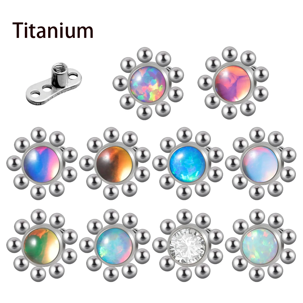 14G G23  Simple Titanium Dermal Anchor Flash&Opal Flower Gem Micro Dermal Anchor Small Bead Skin Diver Piercing Body Jewelry