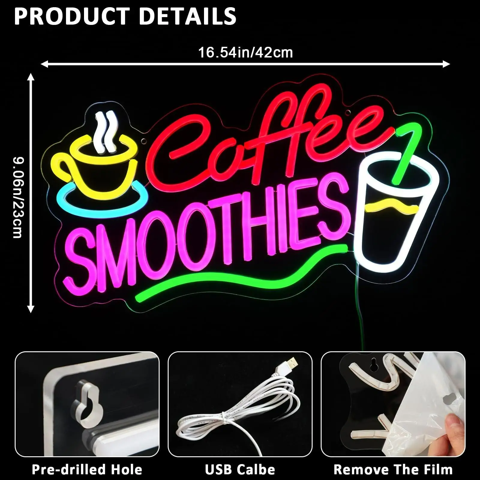 Coffee Smoothies Neon Sign for Wall Decor USB Dimmable Led Sign for Business Bar Drink Shop Kitchen Home Pub Restaurant Wall Art