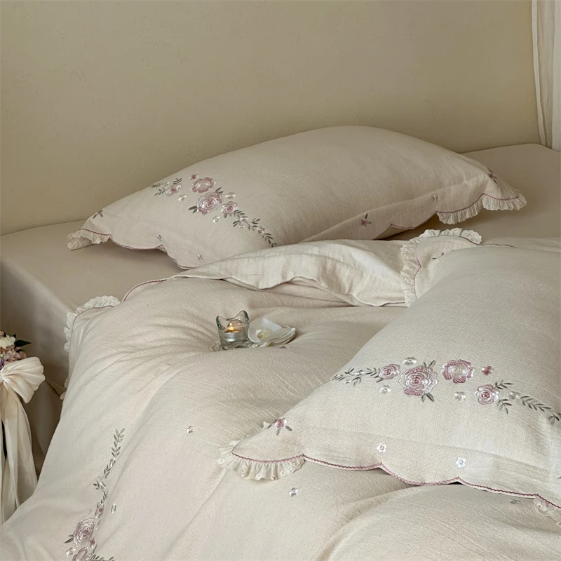 Linen Cotton Blend Bedding Set Vintage Floral Embroidery Ruffle Duvet Cover Set Shabby Chic Farmhouse Bed Linen Pillowcases 4Pcs