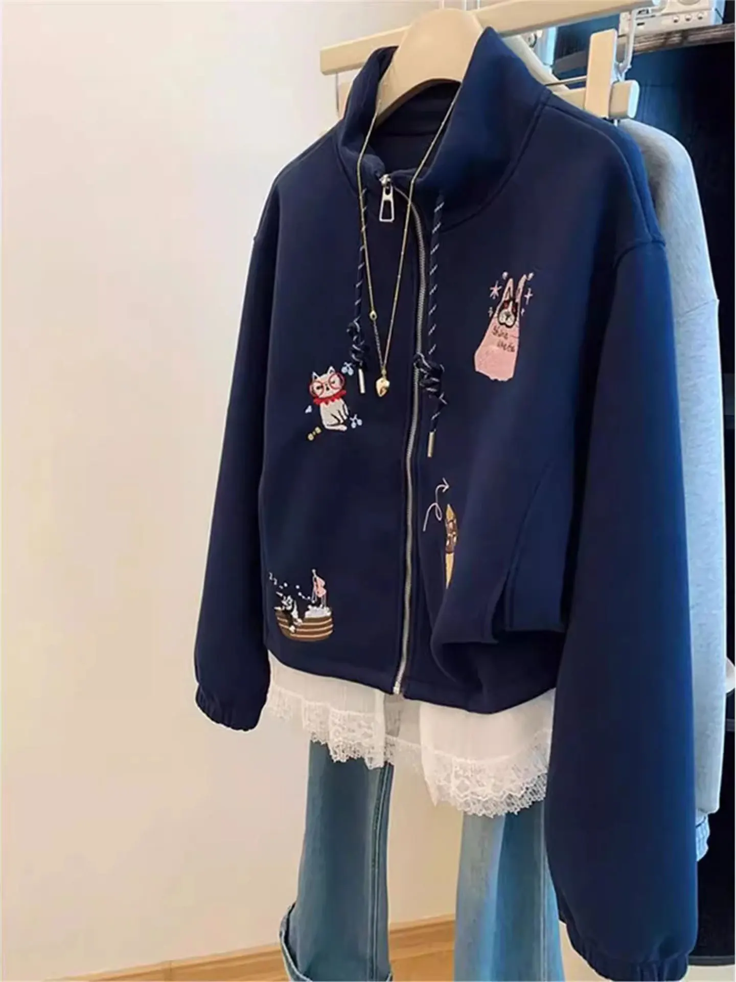 

Loose Fit Long Sve Embroidered Sweatirt Women's Autumn Winter plus Size Deep Blue Stand Collar Outerwear Korean Sle