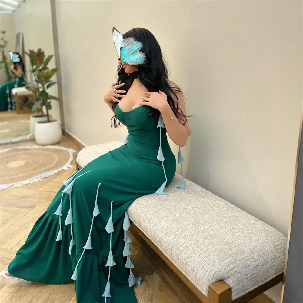 Vestido Formal personalizado para graduación, vestido de noche de Arabia Saudita con tirantes finos, faldas hasta el suelo de sirena, borlas, Arabia Saudí F