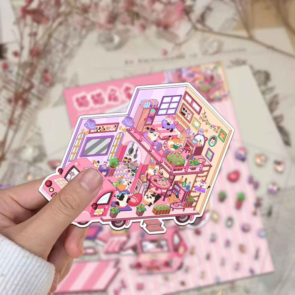 2PCS Creative Top Selling Shrinking World Cat RV Landscape Stickers DIY Niche Decompression PET Material Stickers