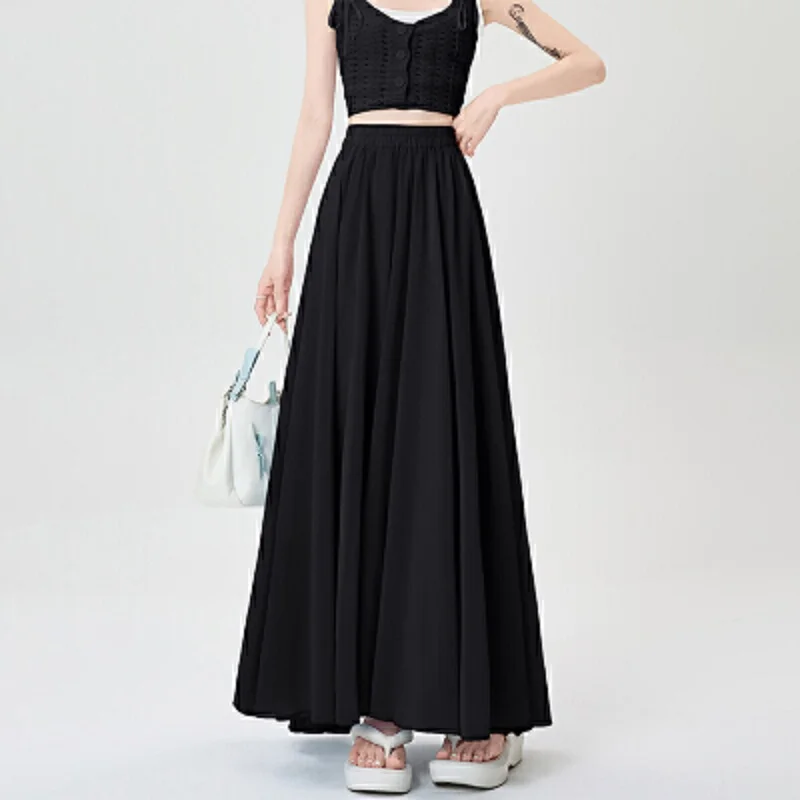 Chiffon midi skirt for women in summer, elastic and high waisted, slimming and drooping, A-line large swing long skirt