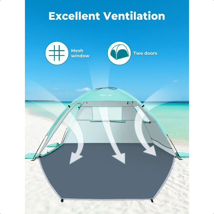Tenda da spiaggia Riparo solare per 3 persone con protezione UV UPF 50+ Leggero e facile installazione Tettuccio parasole da spiaggia con finestre di sfiato Zipp