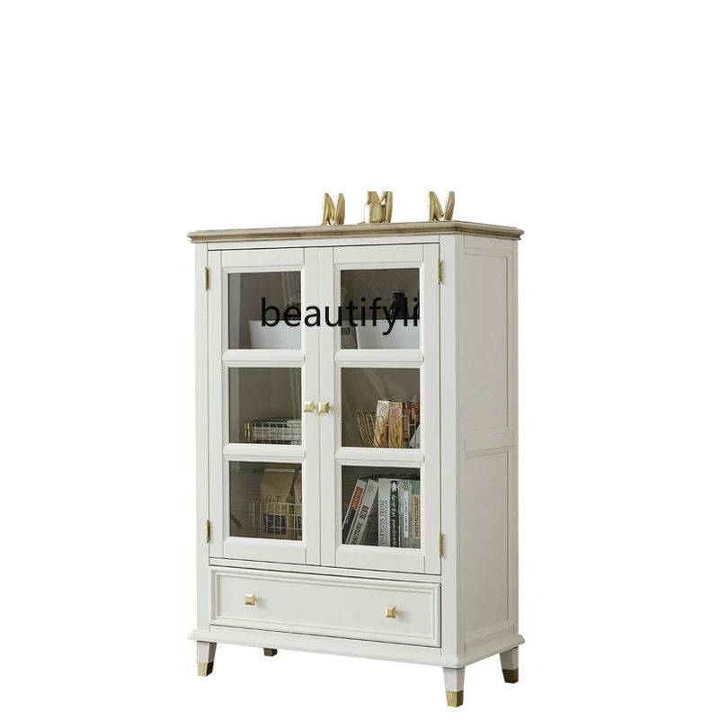 

Wine Cabinet Double Door Side Cabinet Solid Wood Light Luxury Mediterranean Living Room Storage Glass Door Decoration Cabinet