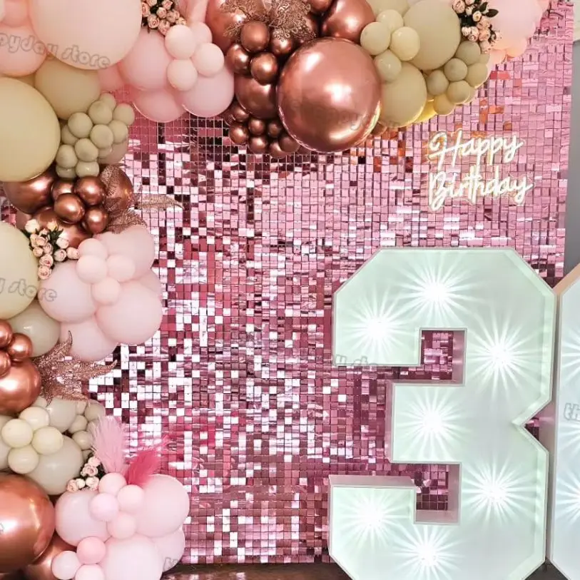 24-6Pcs Pink Shimmer Wall Backdrop Panels Square Shimmer Panels Sequin Photo Backdrops Birthday Wedding Bridal Shower Decor