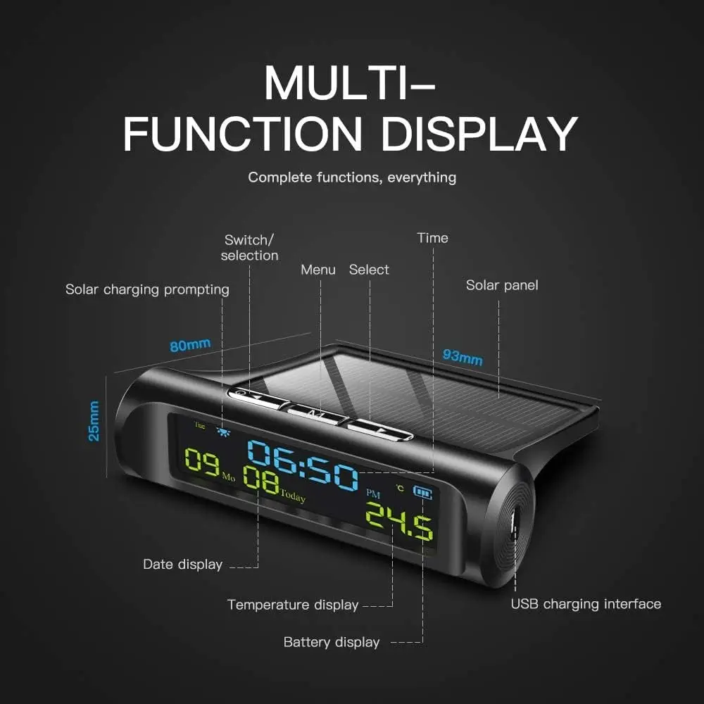 Digital Car Clock With USB Car solar electronic clock Tire Pressure Without Accessories Tyre Temperature Monitoring Alarm System