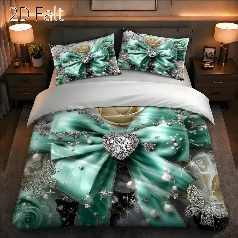 3-Piece Quilt Cover Set, 1 Quilt Cover + 2 Pillowcases (Without Filling), Teal Bow Decoration, Romantic Style, Valentine's Day, Three-Piece Bedding Set, Suitable for All Seasons, Machine Washable, Invisible Zipper, Suitable for Home, Dormitory, Master Bedroom, Guest Room