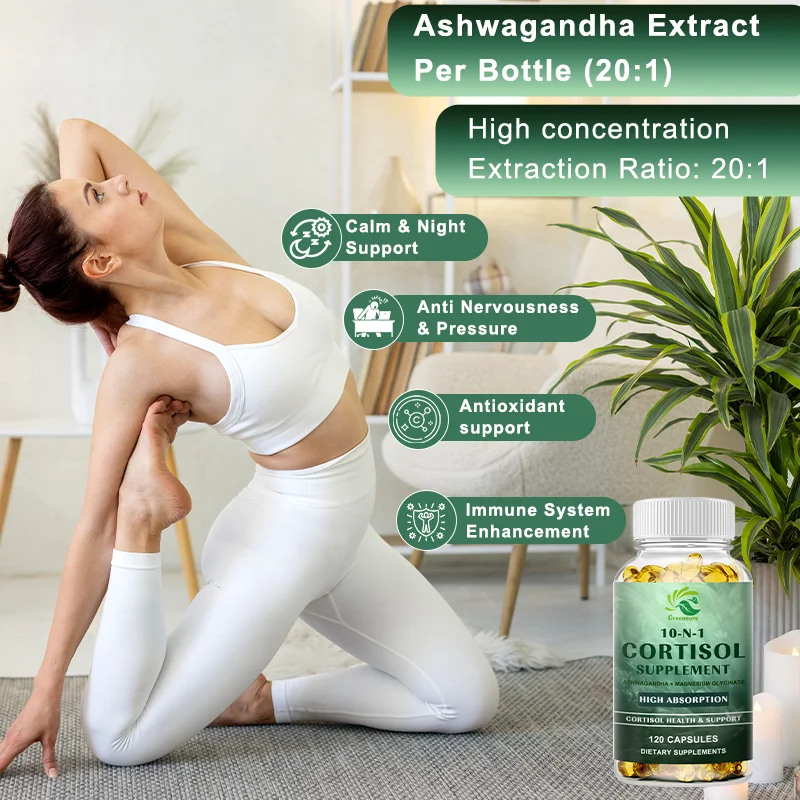GREENSURE 10-IN-1 強力な組み合わせコルチゾール サプリメント – ストレス軽減、バランスの取れたコルチゾール応答、リラクゼーション、深い睡眠
