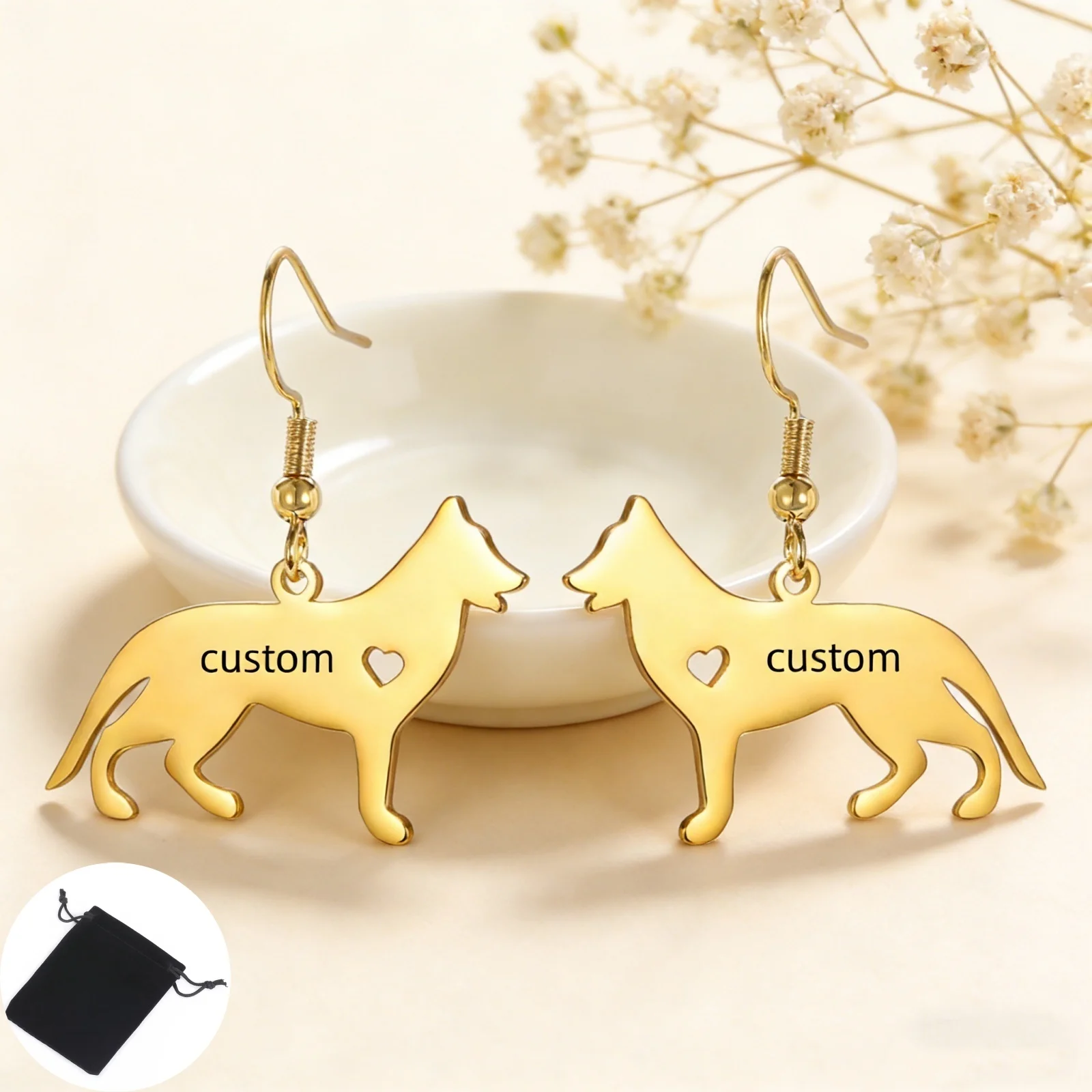 Customized Name Text Pet Love Wolf Dog Women's Earrings Stainless Steel Fashion Friends Family Pet Commemorative Accessories