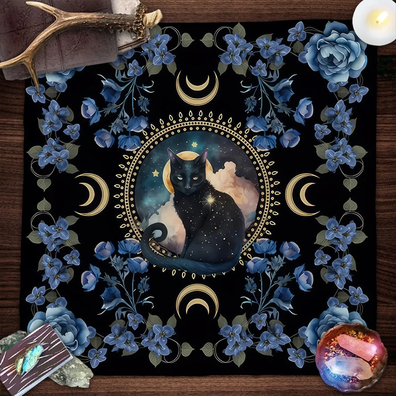 Mystic Black Cat Tarot Table Cloth Single Sided Print Enchanting Floral Table Cloth Divination Altar Witchy Ritual Magical Gift