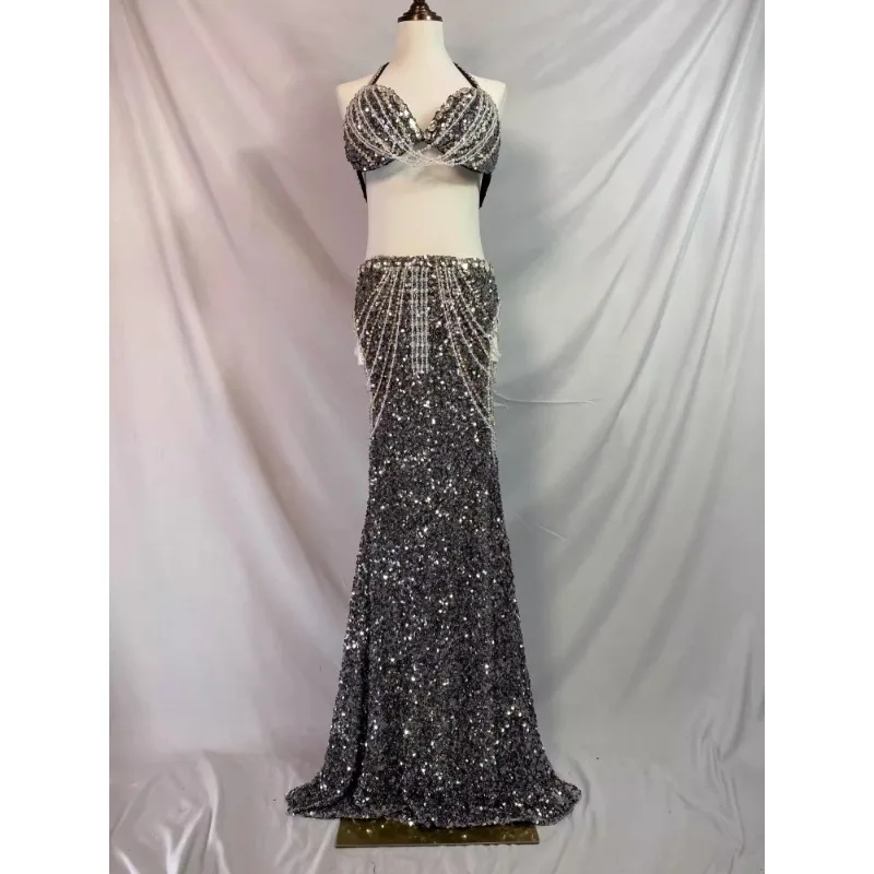 أزياء الرقص الشرقي المخصصة رداء الترتر الأحمر الحجاب حزام ملابس الرقص الشرقي Saidi Shabbi رداء شعبي