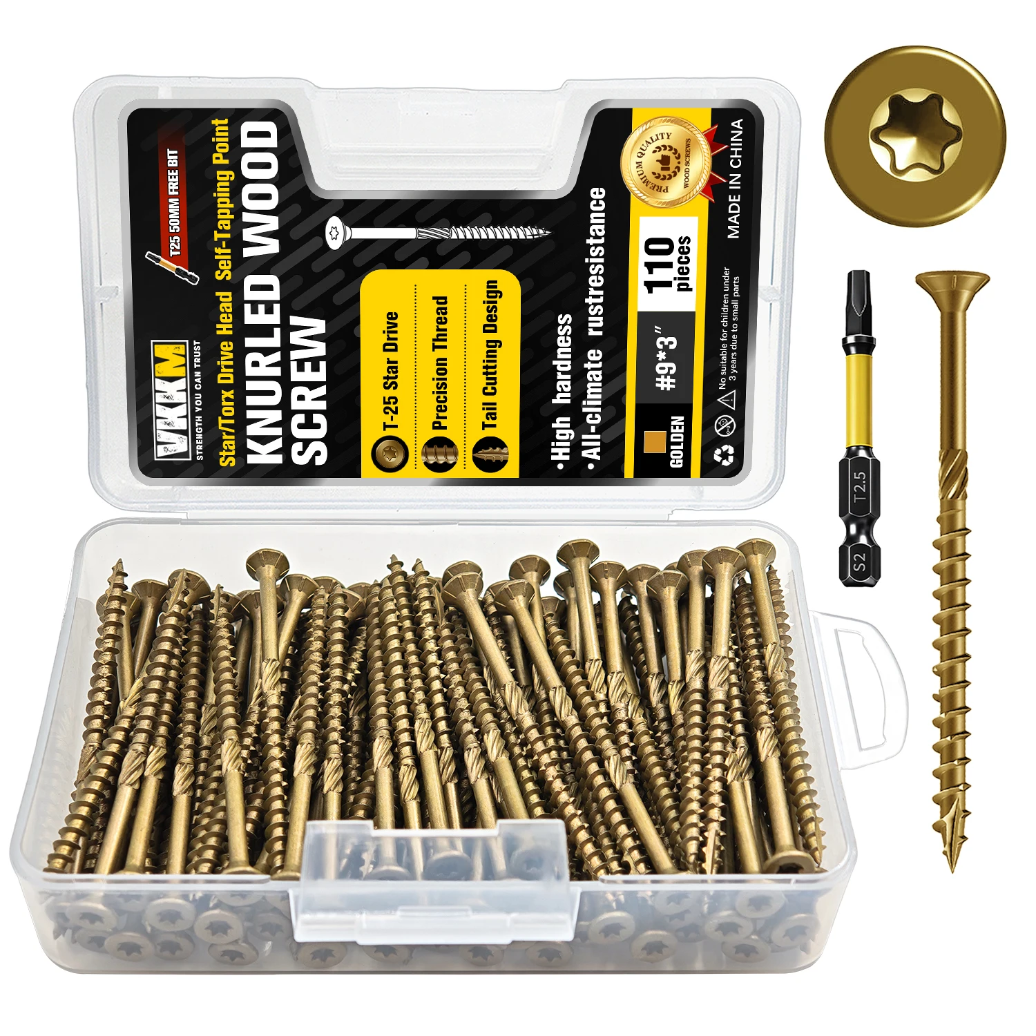 #9 x 3 Inch Knurled Wood Screws T25 Torx Flat Head Self Tapping Screws 110Pcs with T25 Bit for Deck Fence Woodworking