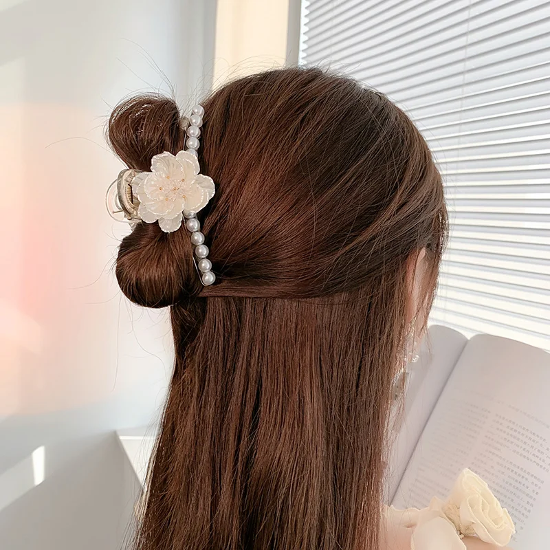 FANYIN Pearl Camellia Flower Hair Clip for Women Latest Back of Head Shark Clip Hairpin Hair Accessories