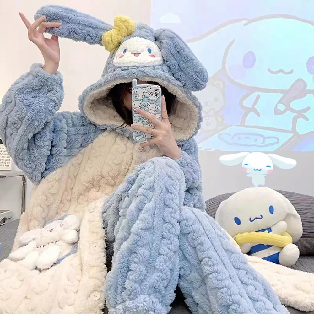 Sanrioed Cinnamoroll Plush Pajamas Set Parent-Child Homewear Kawaii Anime Thicken Winter Cartoon Women Child Bathrobe Keep Warm