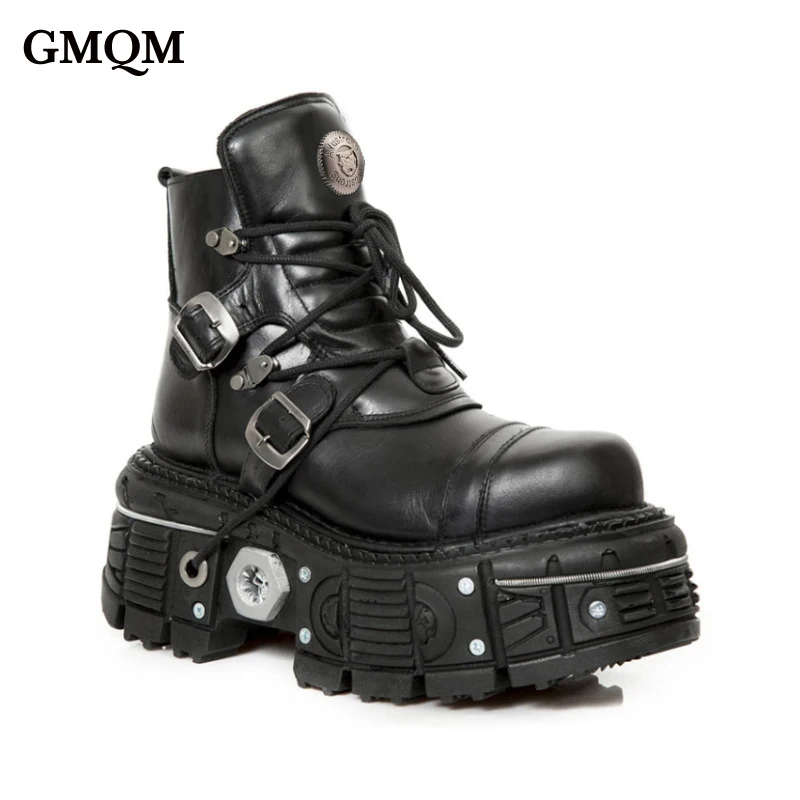 GMQM Fashion New Metal Thick Sole Ankle Boots Lace Up Zip Mid Calf Boots Y2K Women's Platform Booties Black Round Toe Punk Boots