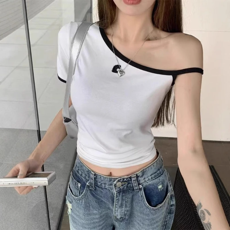 

Zhao Lusi Same Style Korean Asymmetrical Off Shoulder Short Sleeve T Shirt Women Slim Fit Crop Top Trendy