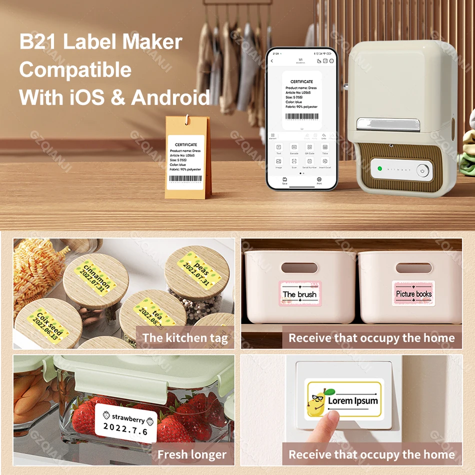 B21 Beige Portable Mini Label Printer Adhesive Sticker Sublimation Labeller Machine Bluetooth Wireless Maker Transparent Tape