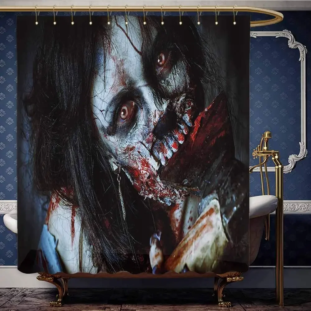 Custom Zombie Decor Scary Dead Woman with Bloody Axe Evil Fantasy Gothic Mystery Halloween Shower Curtain