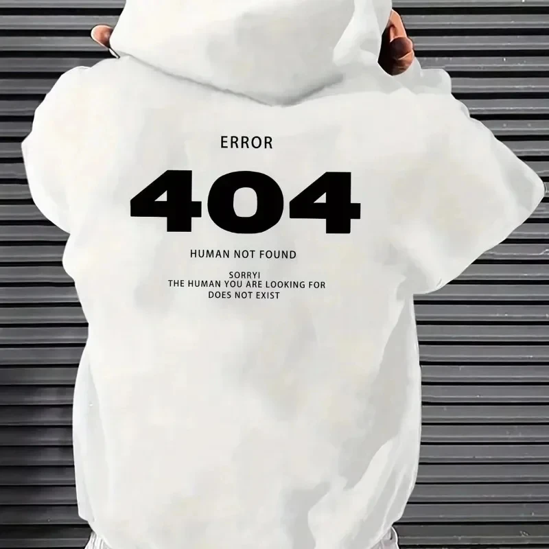 Unisex Hooded Sweatshirt, Funny Error 404 Letter Print Pullover, Loose Fit Casual Street Autumn Winter Long Sleeve Hoodie Tops