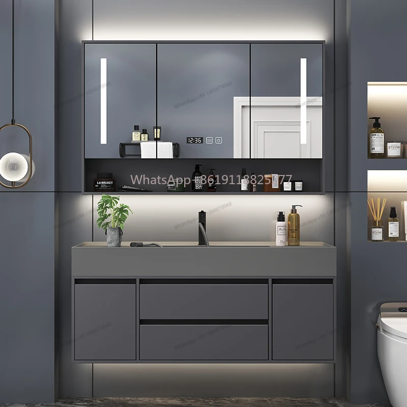 rock board, floor standing , intelligent Solid wood modern minimalist bathroom cabinet, washbasin,