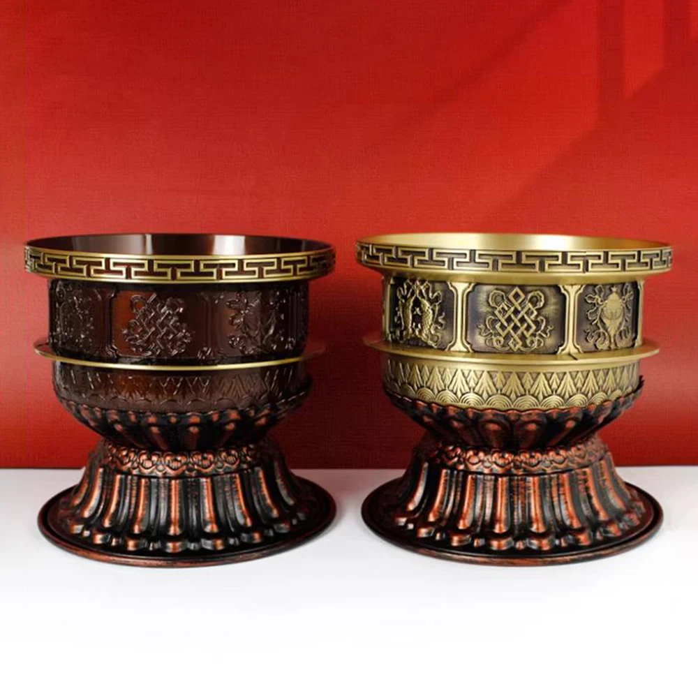 Tibetan copper water supply bowl, Eight-Auspicious small copper pot with base, Red copper Eight Treasure offering Bowl ornaments