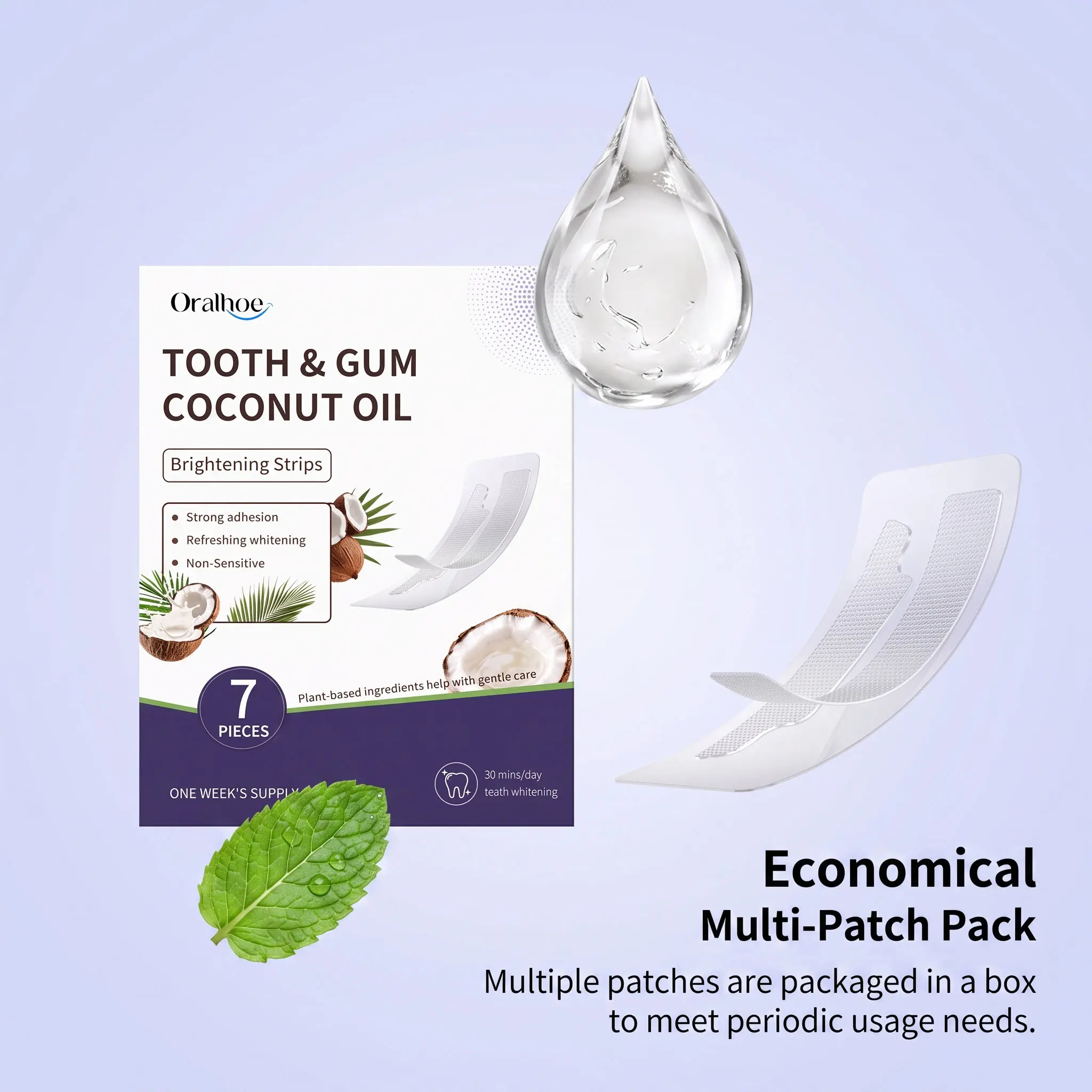 Oralhoe Coconut Oil Teeth Brightening Strips Strong Adhesion Breath Refreshing Whitening Non-Sensitive Mint Flavor Gum Oral Care
