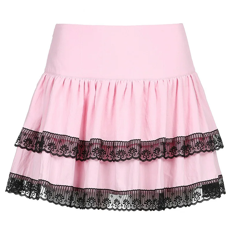 Pink Skirt New Women\'s Academy Style Pink Double Lace Stitched A-word Harajuku Vintage Gothic Skirt