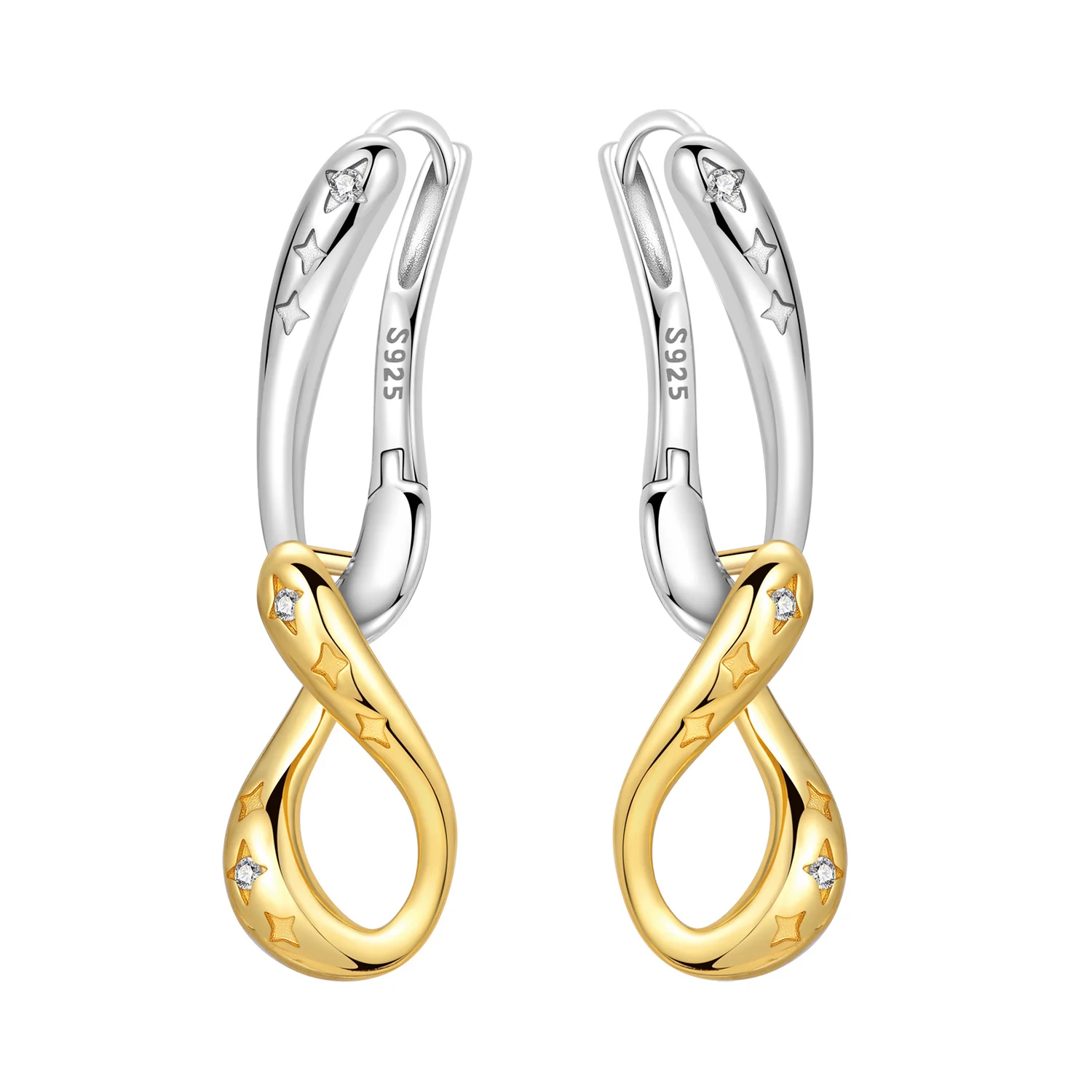 S925 Sterling Silver Star Curved Drop Earring Two-tone Infinity Shape Star Zircon Dangle Earring for Women Daily Fashion Jewelry