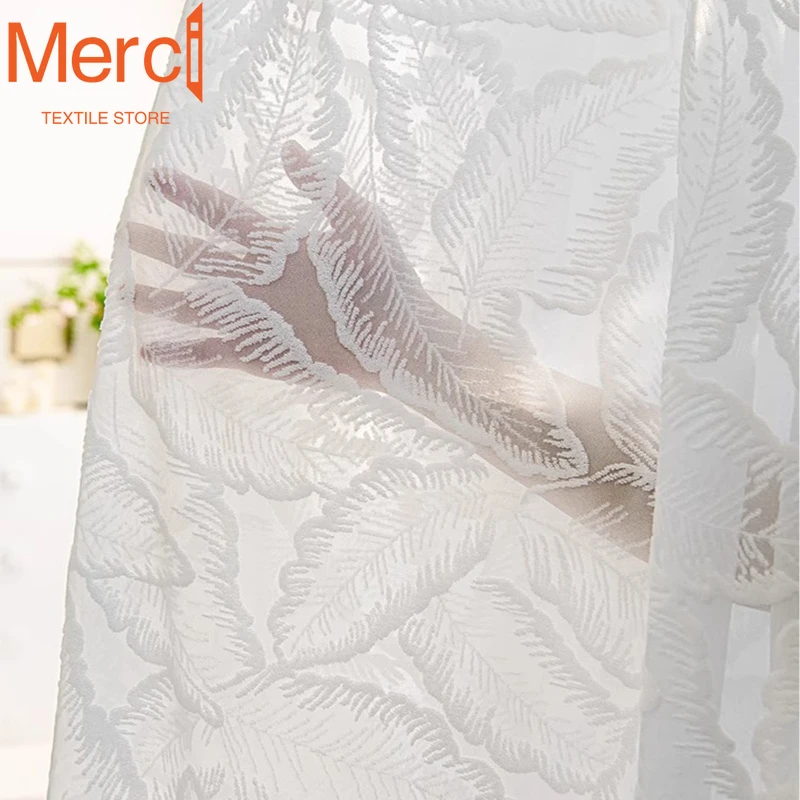 

French Light Luxury Curtains for Living Dining Room Bedroom Banana Leaf Rainforest Pattern White Window Screen Customization