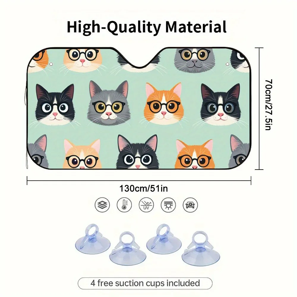 1pc 2D Flat Glasses Cat Gathering Print Car Sunshade - Fit Windshield Sun Visor With 4 Free Suction Cups, Keeps Vehicle Cool & B