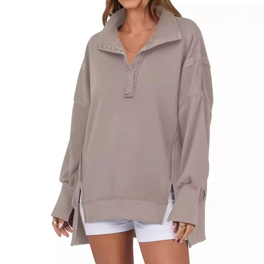 

2025 Hot-Selling Women's Polo Collar Sweatshirt Jacket Decorative Line Design Split Lantern Sleeves for Spring Autumn