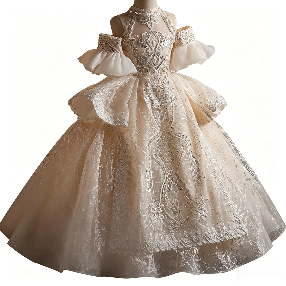 Champagne Off Shoulder Flare Sleeve Dinner Party And Banquet Ball Gown For Girls High End Princess Kids Evening And Prom Dress
