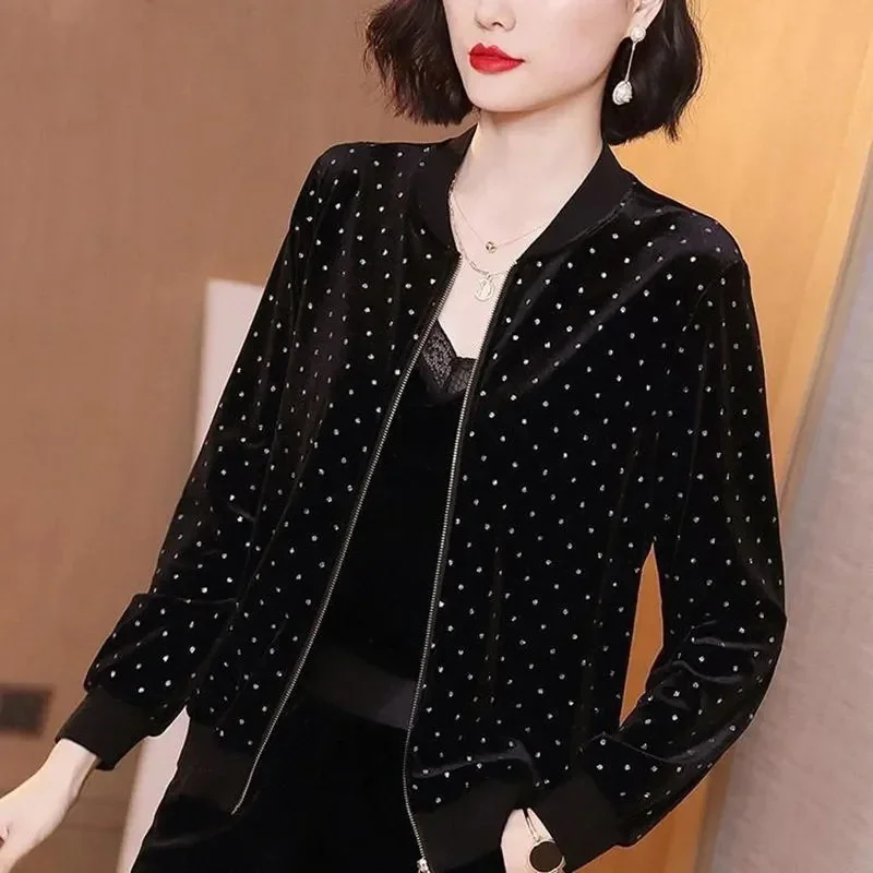 

Gold Velvet Jacket Female Autumn Joker Latest Western-style Coat Wearing Clothes Women Korean Loose Printing Cardigan Tide V810