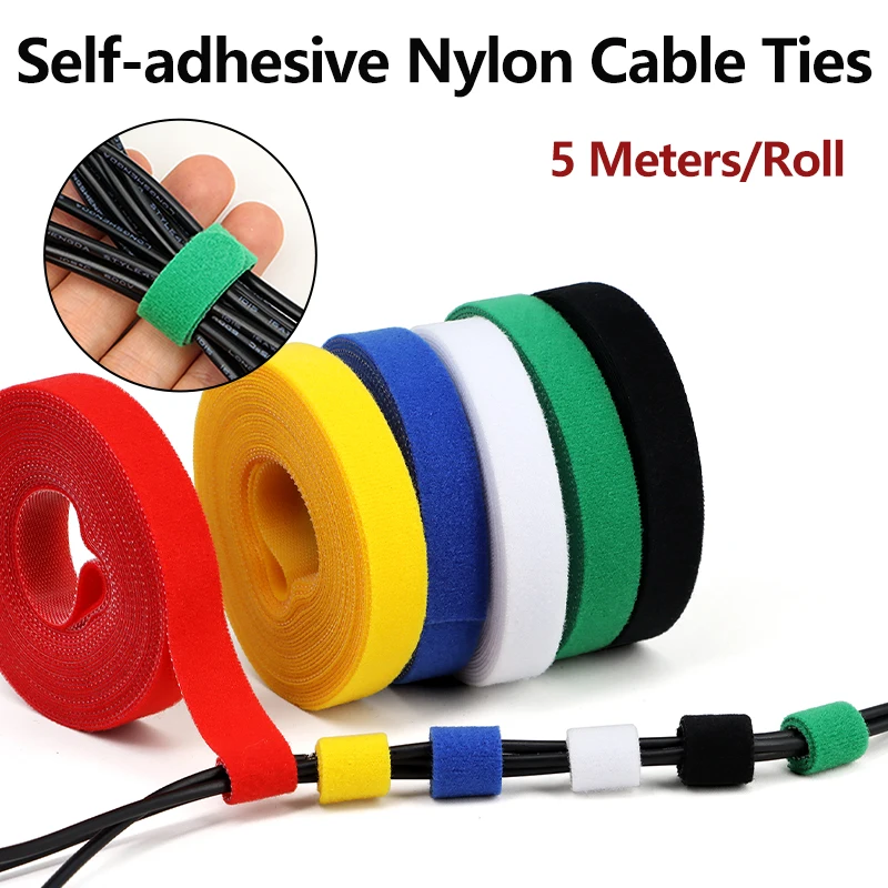 2 Rollen selbstklebende Nylon-Kabelbinder mit Verschluss, 5 m/Rolle, Breite 10/15/20/25 mm, wiederverwendbar, frei geschnittene Kabelbinder, Maus-Kopfhörerkabel, Drahtbinder