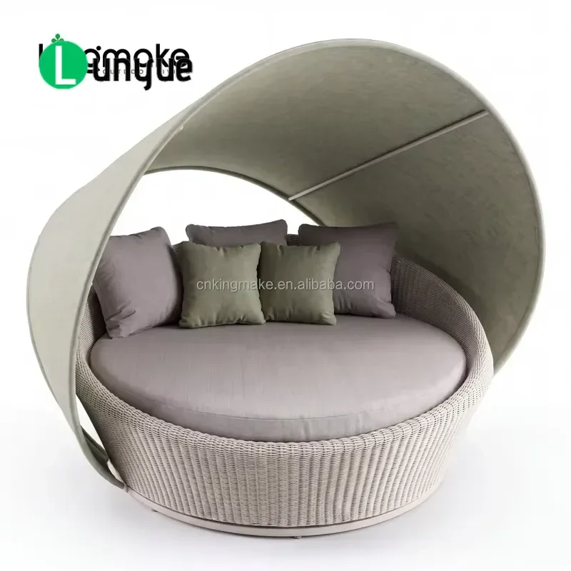 Modern Aluminum Rattan Round Chaise Lounge with Canopy Outdoor Patio Sun Bed Garden Furniture Set for Villa Hotel Poolside