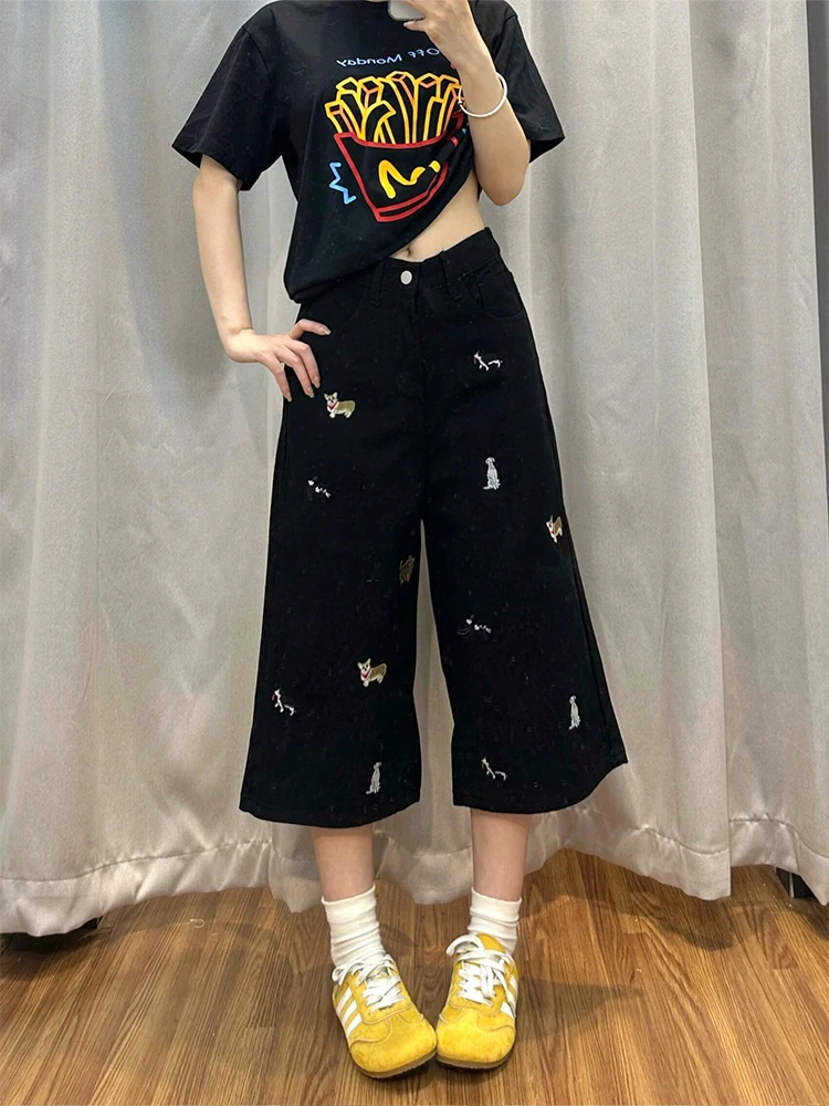 

High Waist Straight Leg Embroidered Design Denim Jeans Casual Style Summer New Loose Fit Short Pants plus Size Animal Pattern