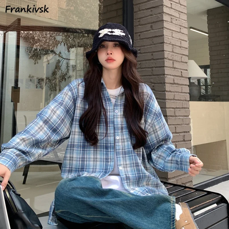 

Клетчатые рубашки женские винтажные в американском стиле High Street универсальные эстетические с длинным рукавом молодежная популярная простая летняя одежда