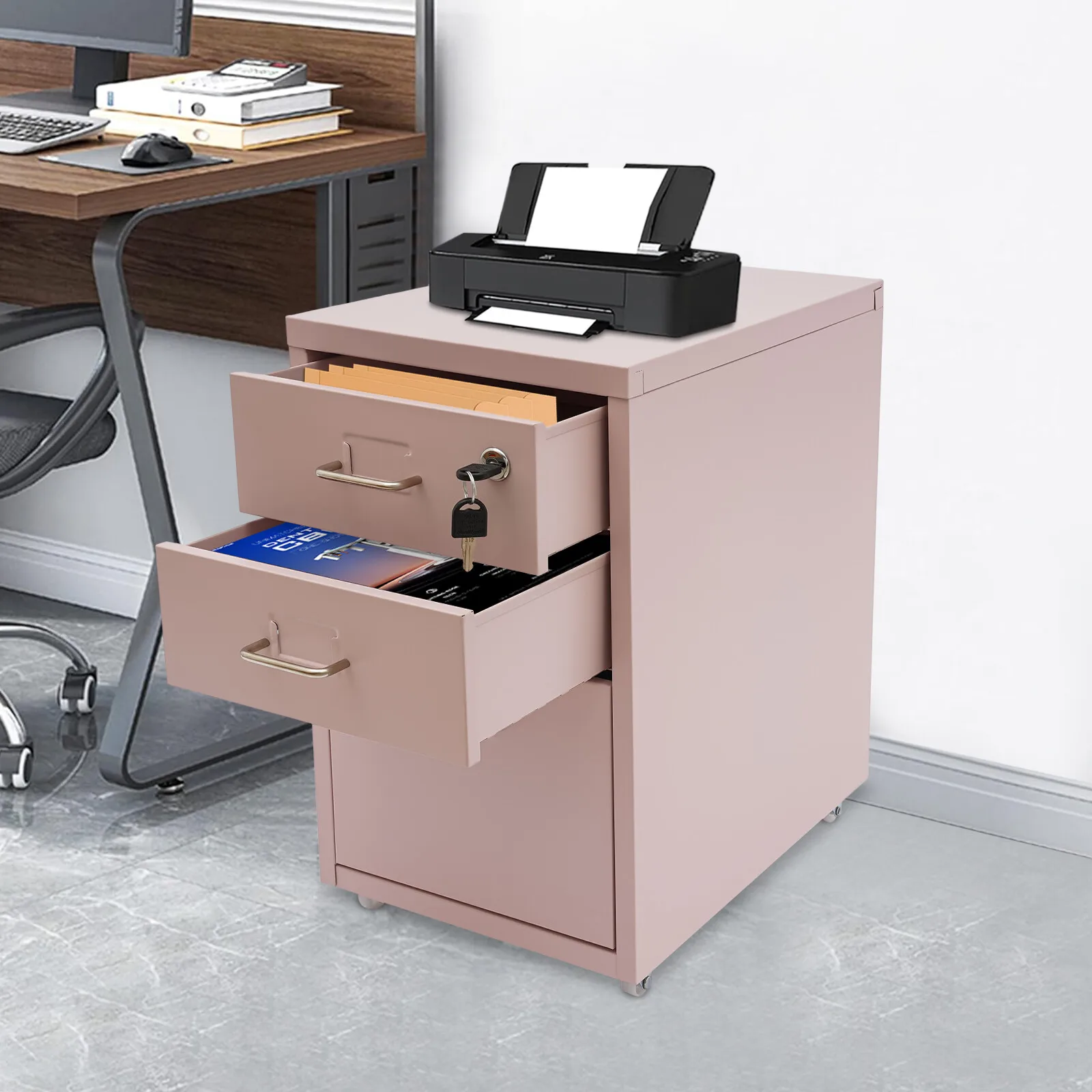 

3-Drawer File Cabinet with Lock, Vertical File Cabinet Metal Mobile File Storage Cabinet for Office, Study, Bedroom, Pink