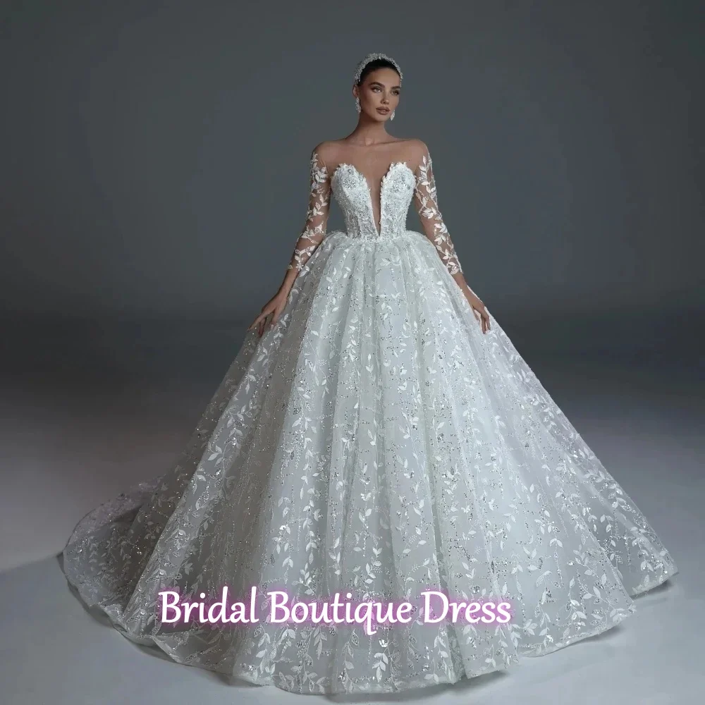 Maßgeschneiderte exquisite Ballkleid Royal Brautkleider O-Ausschnitt Langarm Luxuriöse Perlen Vestido De Novia Spitze Brautkleider