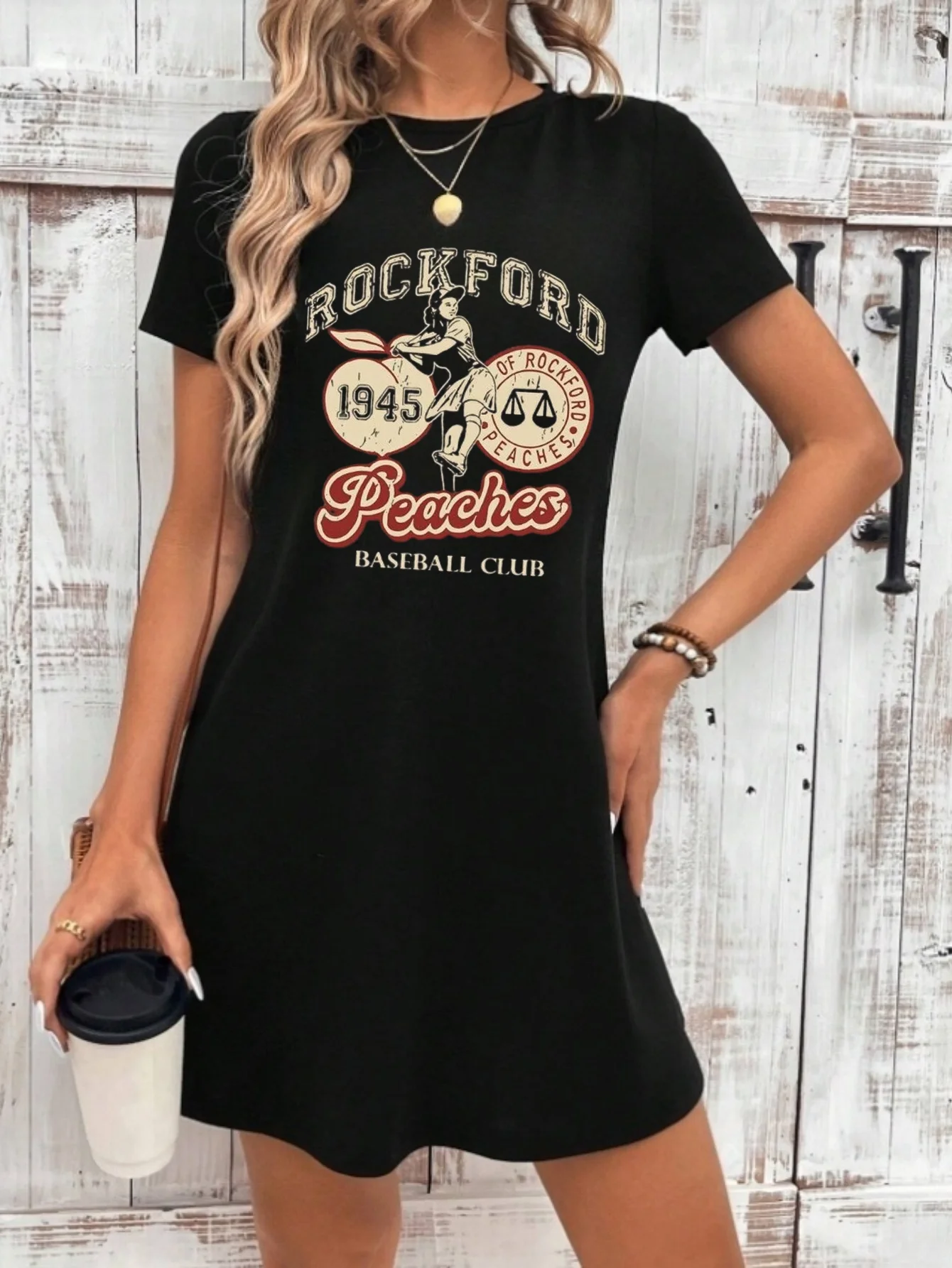 

Рокфорд Персики 1945ми, винтажное женское свободное платье с графическим принтом для бейсбольного клуба, большие размеры, повседневное эластичное платье с круглым вырезом и короткими рукавами