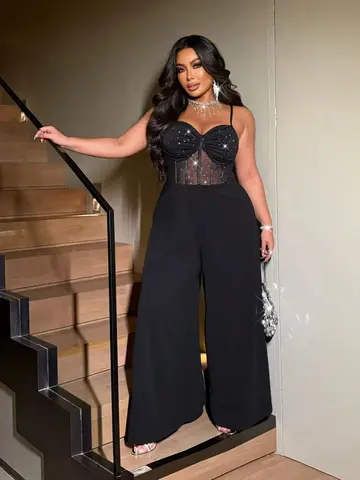 Large size women's sexy party suspender with shiny and shiny elastic mesh wide leg jumpsuit and fashionable jumpsuit