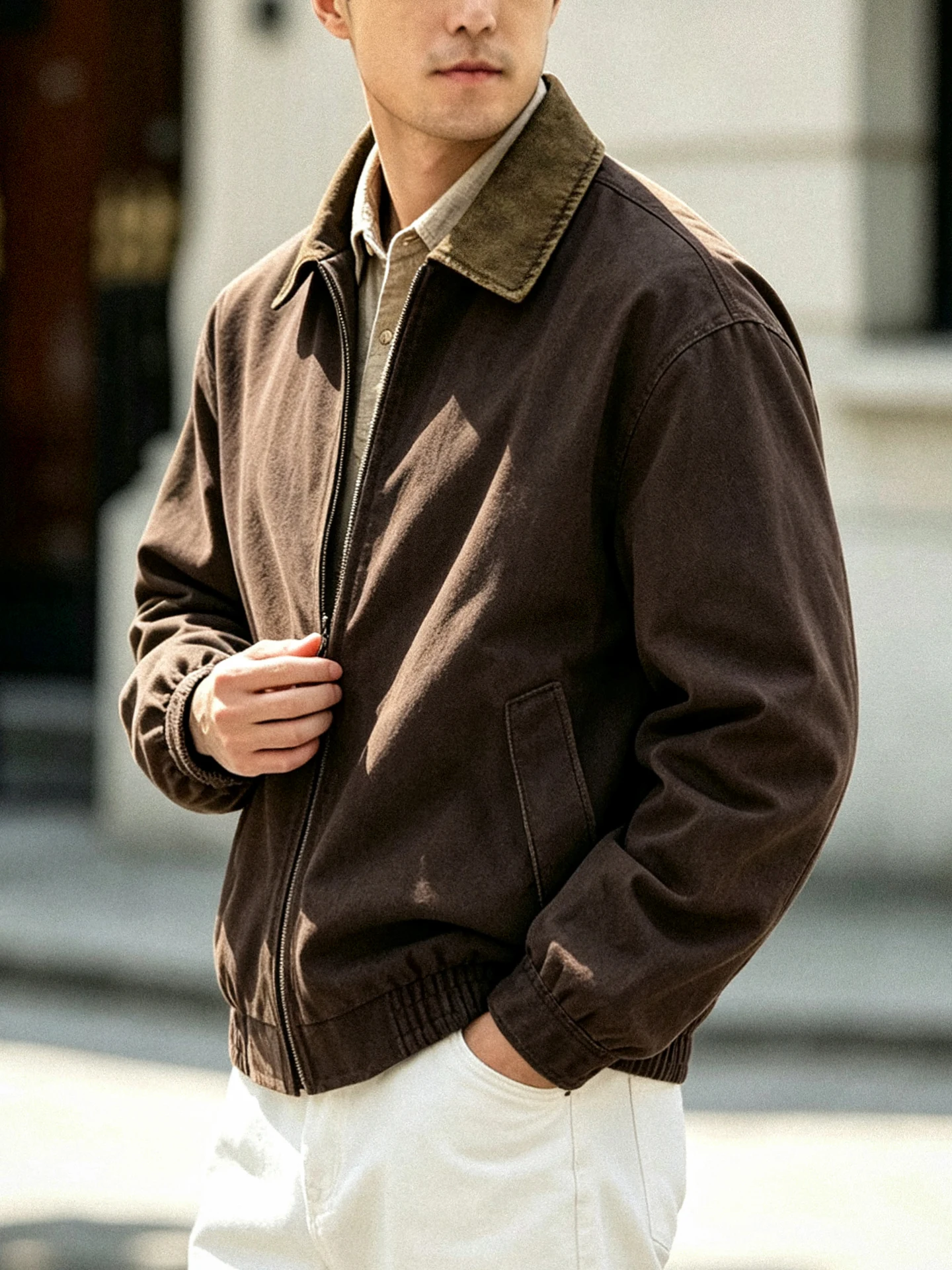 Men's Deep Brown Workwear Jacket Loose Canvas Vintage Style Spring Autumn Outerwear Casual Loose Fit Detroit Coat
