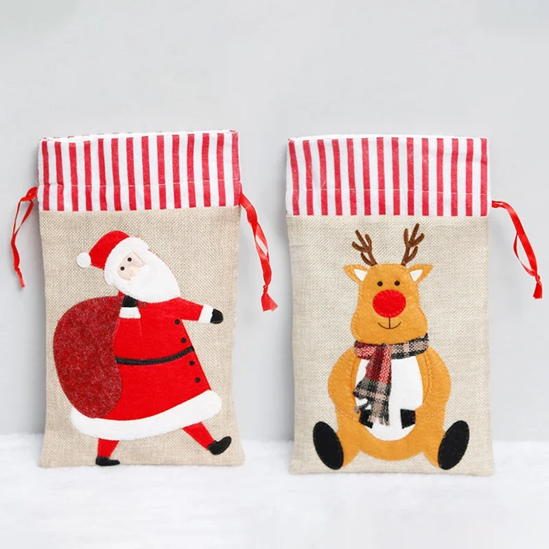 Christmas Gift Bag 18x30cm Santa Gingerbread Man Cotton Burlap Bag For Candy Bag Linen Jewelry Bag Christmas Gift Drawstring Bag