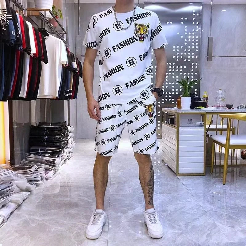 European Station Summer Trend Men\'s Slim Body Tiger Head Letter Stripe Hot Stamping Short Sleeve T-Shirt Shorts Versatile Set