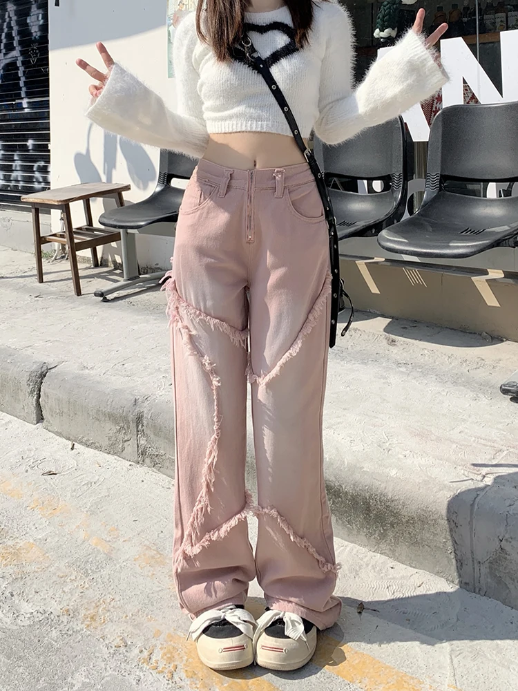 

WCFCX STUDIO Harajuku Sweet Style High Waist Loose Pink Tassels Jeans Pants 2024 Spring Summer Y2K Wide Leg Baggy Denim Trouser