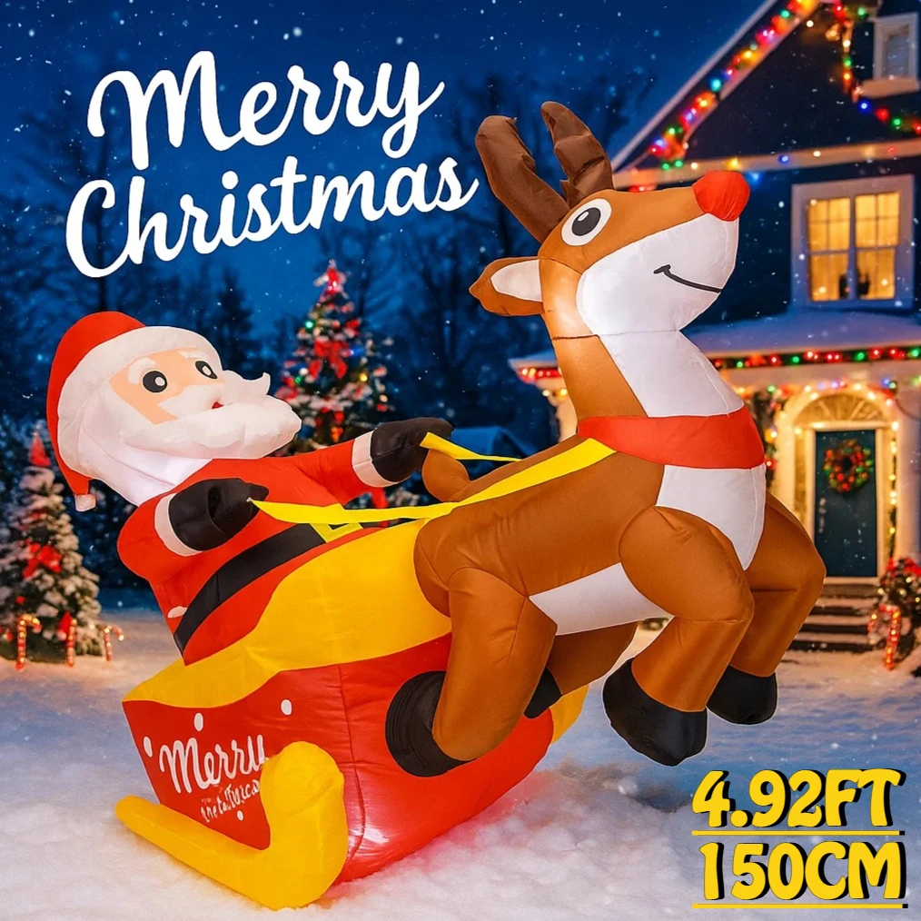4.92FT لعبة قابلة للنفخ الرنة زلاجات سانتا كلوز مع أضواء LED هدايا العيد زينة عيد الميلاد لمستلزمات الفناء الحلي المنزلية