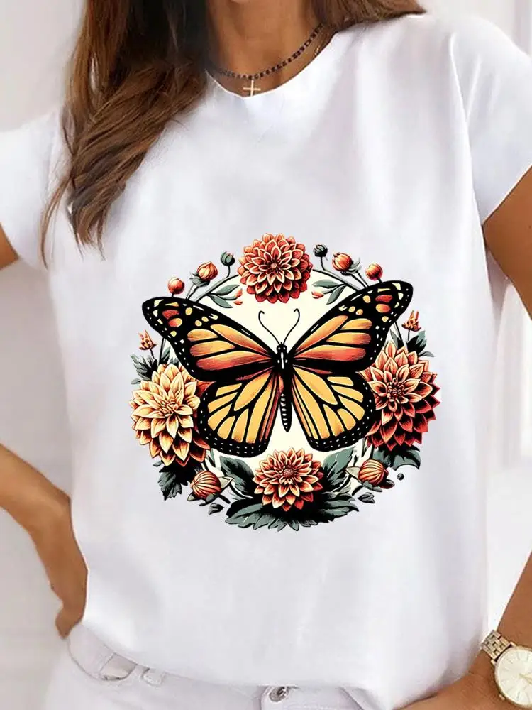 

Butterfly Flower Trend Short Sleeve Print T Shirt Clothing Tee For Women Clothes O-neck Fashion Top Basic Graphic T-shirts