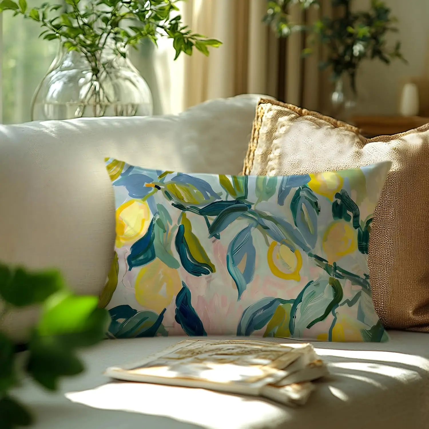 Spring Farmhouse Lemon Pillow Case Double-Sided Cottagecore Fruit Decorative Cushion Cover, Botanical Home Couch Decor, 1PC