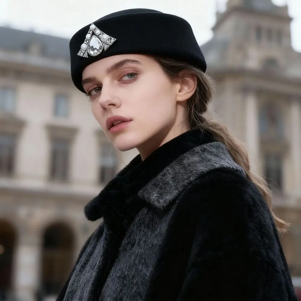 Uniform Stewardess Hat Vintage Topper Hat Rhinestone Solid Color Felt Beret Charm Retro Airline Stewardess Caps Masquerade Party